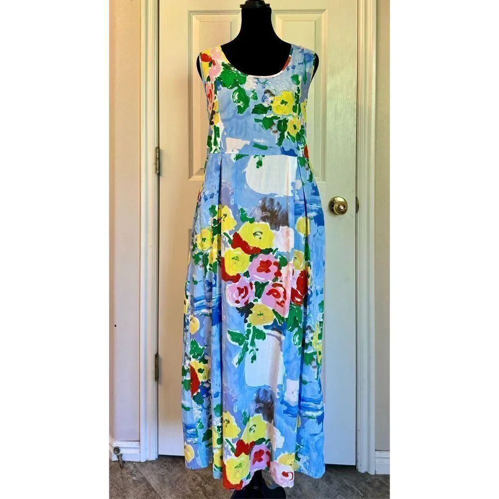 Vintage 80's Jams World Summer Midi Crinkle Floral Tank Sun Dress Size Medium